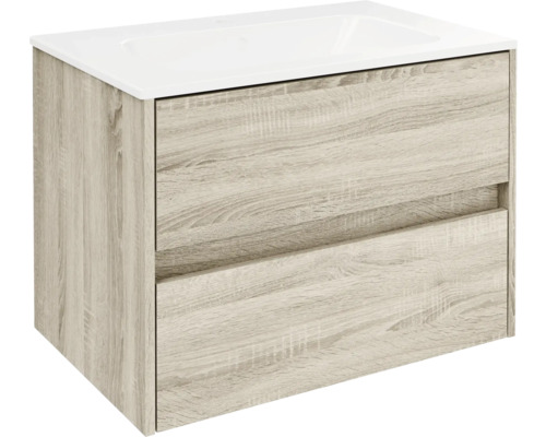 Badmöbelset FACKELMANN Compact Line BxHxT 710 x 515 x 465 mm Frontfarbe sonoma eiche mit Waschtisch Keramik weiß Waschbeckenunterschrank mit zwei Schubladen und Holzoptik