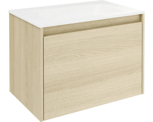Badmöbelset FACKELMANN Compact Line BxHxT 710 x 515 x 465 mm Frontfarbe lindberg eiche mit Waschtisch Keramik weiß Waschtischunterschrank mit einer Schublade und einem Waschbecken