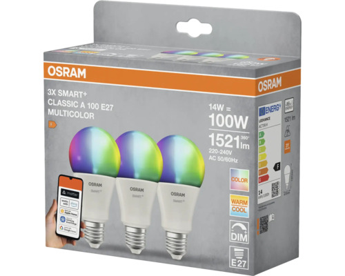 Packung mit drei Osram Smart Plus Classic A 100 E27 Multicolor Lampen