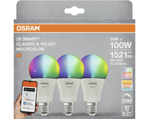 Osram 3er-Pack Smart Plus Classic A 100 E27 Mehrfarben-Glühbirnen