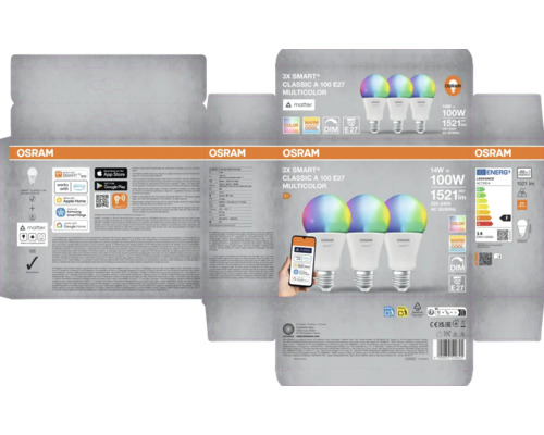 Osram 3er Pack Smart+ Classic A 100 E27 Multicolor LED Lampe Verpackung