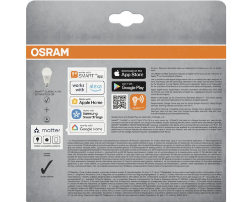 Osram Logo. Smart+ Classic A 100 E27 Multicolour Lampe kompatibel mit Smart App, Alexa, Apple Home, Samsung SmartThings und Google Home. Matter kompatible Systeme.
