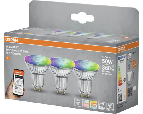 Osram 3er-Pack intelligente, mehrfarbige PAR16 50 GU10 LED-Spots in Produktverpackung