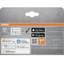 Osram Smart Home Produktinformationen mit Matter-Kompatibilität, App Store und Google Play Logos