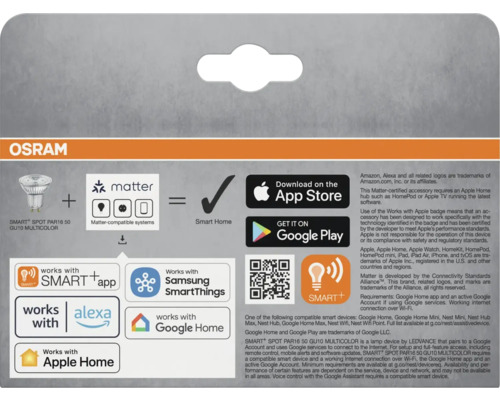 Osram Smart Home Produktinformationen mit Matter-Kompatibilität, App Store und Google Play Logos