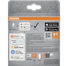 Osram Logo. Smart+ Classic B 40 E14 Multicolor Lampe, kompatibel mit Matter, Smart Home, Google Play und App Store.