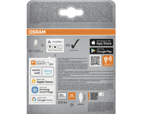 Osram Logo. Smart+ Classic B 40 E14 Multicolor Lampe, kompatibel mit Matter, Smart Home, Google Play und App Store.