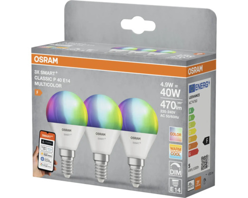 Osram 3er-Pack smarte E14 Multicolor-Glühbirnen in Produktverpackung