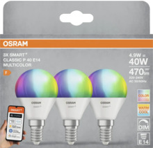 Osram Logo. Packung mit drei Smart Plus Classic P 40 E14 Mehrfarbigen Glühbirnen