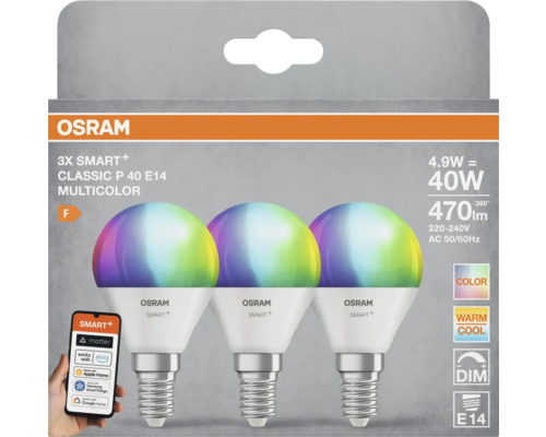 Osram Logo. Packung mit drei Smart Plus Classic P 40 E14 Mehrfarbigen Glühbirnen