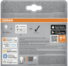 Produktverpackung Osram Smart Classic P 40 E14 Multicolor mit Logos und Symbolen für Smart Home Kompatibilität