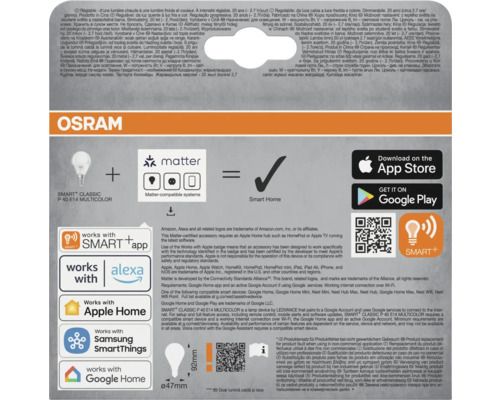 Produktverpackung Osram Smart Classic P 40 E14 Multicolor mit Logos und Symbolen für Smart Home Kompatibilität