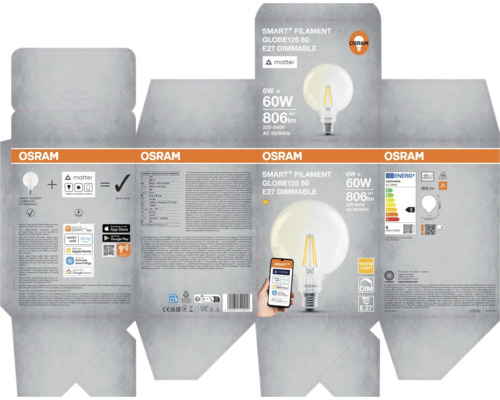 Verpackung einer Osram Smart Filament Globe 125 60 E27 Dimmable Glühbirne mit Matter Logo