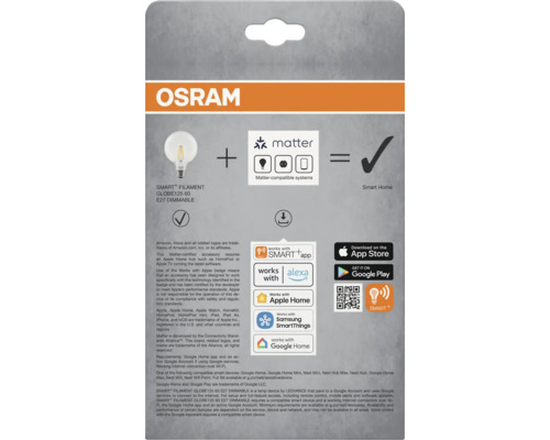 Osram Smart+ Filament Globe125 60 E27 dimmbare Lampe, kompatibel mit Matter und Smart Home Systemen