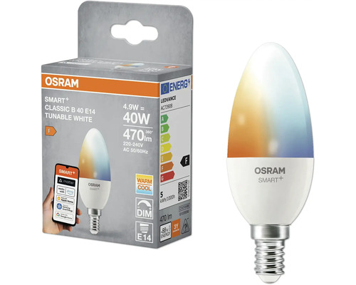 Osram Smart+ Classic B 40 E14 tunable white LED Lampe und Verpackung