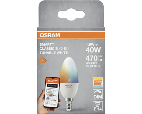 Osram Smart+ Classic B 40 E14 Lampe mit Tunable White Funktion in Verpackung