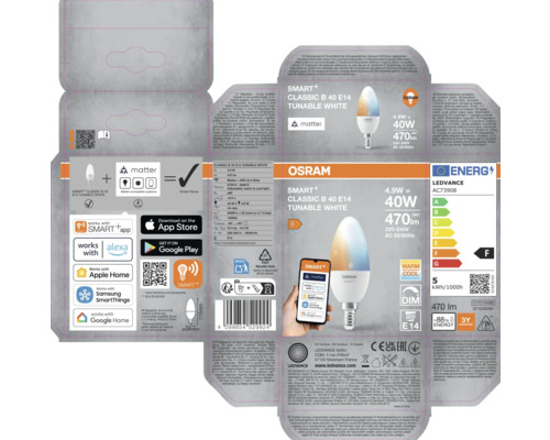Verpackung einer Osram Smart+ Classic B 40 E14 Lampe, kompatibel mit Smart Home Systemen