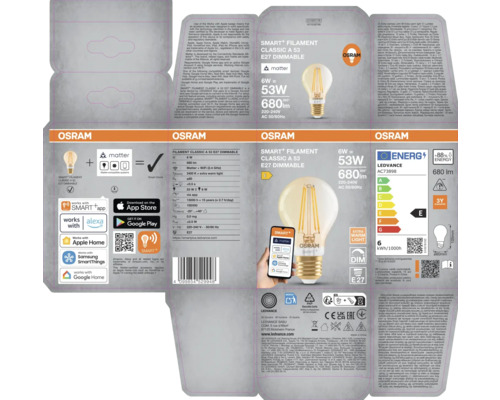 Verpackung einer Osram Smart Filament Classic A 53 E27 Dimmable Lampe