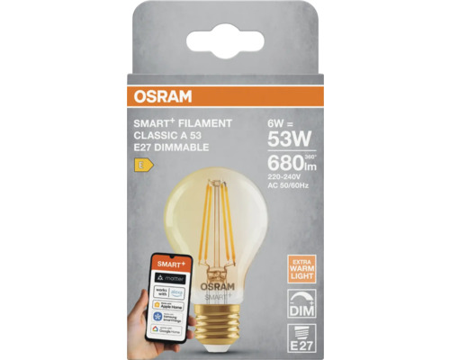 Osram Smart+ Filament Classic A 53 E27 dimmbare Glühbirne in Verpackung.