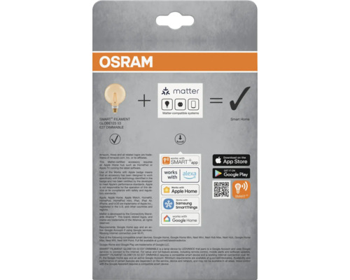 Osram Smart Filament Globe125 53 E27 dimmbare Lampe kompatibel mit Matter und Smart Home Systemen