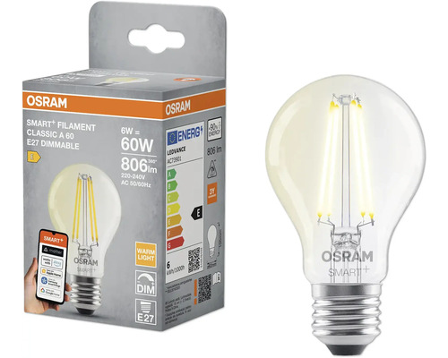 Osram Smart Filament Classic A 60 E27 dimmbare Glühbirne und Verpackung