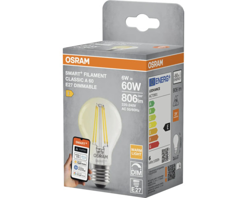 Verpackung einer Osram Smart+ Filament Classic A 60 E27 Dimmbar Glühbirne