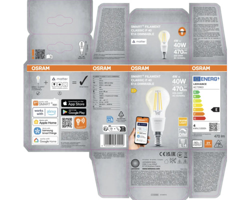 Verpackung einer Osram Smart+ Filament Classic P 40 E14 dimmbaren Lampe