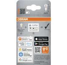 Osram Smart+ Filament Classic P 40 E14 dimmbare Lampe Verpackungsdesign mit Matter-kompatiblen Systemen, Smart Home Logos und App Store Download Symbolen