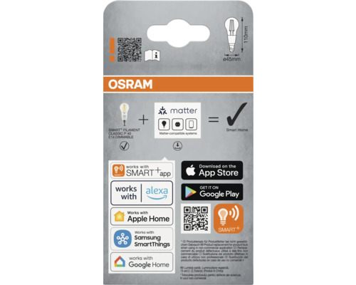 Osram Smart+ Filament Classic P 40 E14 dimmbare Lampe Verpackungsdesign mit Matter-kompatiblen Systemen, Smart Home Logos und App Store Download Symbolen
