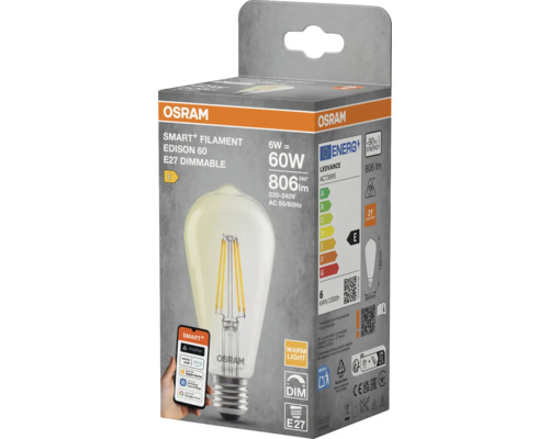 Osram Smart+ Filament Edison 60 E27 Lampe in Produktverpackung