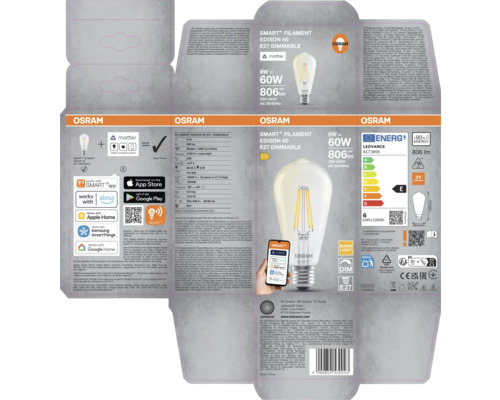 Verpackung einer Osram Smart Filament Edison 60 E27 Dimmbaren Lampe