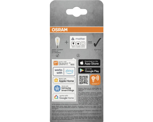 Osram Smart Filament Edison 60 E27 dimmbare Lampe kompatibel mit Matter, Smart App, Alexa, Apple Home, Samsung SmartThings und Google Home.