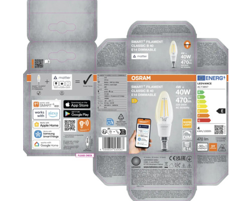 Osram Smart+ Filament Classic B 40 E14 Dimmable Verpackung