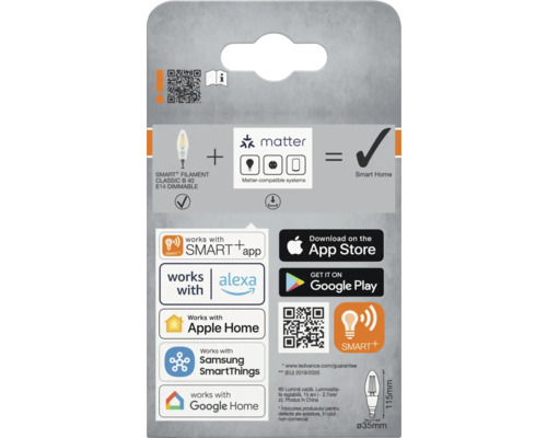 Verpackung einer dimmbaren Smart Filament Classic B 40 E14 Lampe mit Matter-Kompatibilität und Smart Home Integration