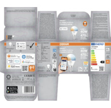 Verpackung einer Osram Smart+ Classic P 40 E14 tunable white Lampe mit Matter-Kompatibilität und Smart Home Konnektivität