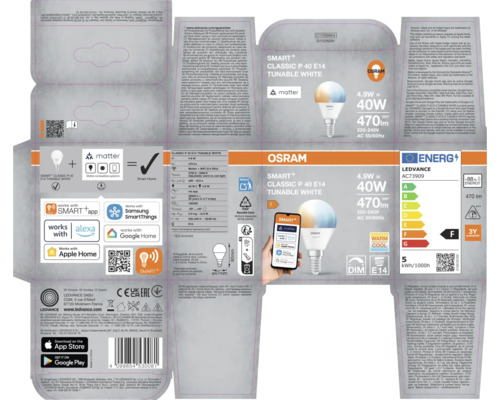 Verpackung einer Osram Smart+ Classic P 40 E14 tunable white Lampe mit Matter-Kompatibilität und Smart Home Konnektivität