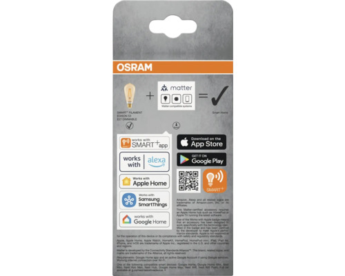 Osram Smart+ Filament Edison 53 E27 Dimmable Verpackung mit Matter-Kompatibilität, Smart+ App-Unterstützung, Alexa-Kompatibilität, Apple Home-Kompatibilität, Samsung SmartThings-Kompatibilität und Google Home-Kompatibilität