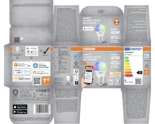 Verpackung der Osram Smart+ Classic P 40 E27 Multicolor Lampe
