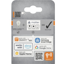 Verpackung einer SMART+ Classic P 40 E27 Multicolor Lampe mit Hinweisen zur Kompatibilität mit Matter, Smart Home, der SMART+ App, Samsung SmartThings, Alexa, Google Home und Apple Home