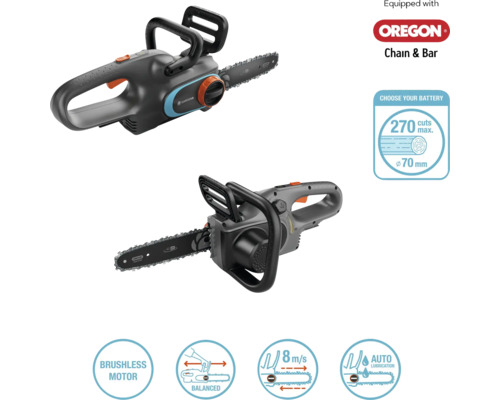 Zwei Ansichten einer Akku-Kettensäge von Gardena mit Oregon Kette und Schiene sowie Symbole für bürstenlosen Motor, ausbalanciertes Design, 8 Meter pro Sekunde Kettengeschwindigkeit und automatische Schmierung.