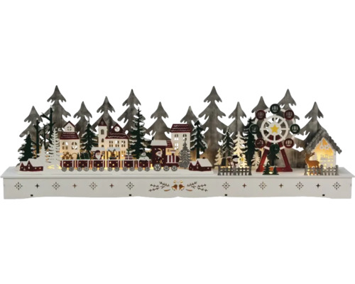 LED Holzsilhouette Konstsmide Weihnachtsdorf H 25 cm 15 LEDs Lichtfarbe warmweiß batteriebetrieben inkl. 6 Stunden Timer Dekorative hölzerne Weihnachtslandschaft mit Häusern, Bäumen, Eisenbahn und Riesenrad