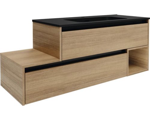 Waschtischunterschrank FACKELMANN VITA BxHxT 1285 x 500 mm x 460 mm Frontfarbe summer oak Griffleiste schwarz Waschtischunterschrank mit Schubladen und Ablageflächen
