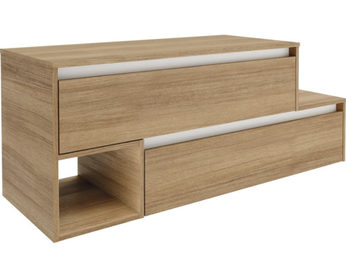 Waschtischunterschrank FACKELMANN VITA BxHxT 1287 x 516 mm x 465 mm Frontfarbe summer oak Griffleiste weiß Holzfarbener Unterschrank mit zwei Schubladen und einem offenen Fach