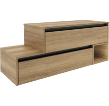 Holzfarbener Schubladenschrank mit zwei Schubladen und einem offenen Fach