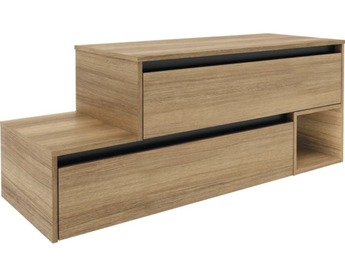 Waschtischunterschrank FACKELMANN VITA BxHxT 1287 x 516 mm x 465 mm Frontfarbe summer oak Griffleiste schwarz Holzfarbener Schubladenschrank mit zwei Schubladen und einem offenen Fach