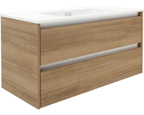 Waschtischunterschrank FACKELMANN VITA BxHxT 1000 x 500 mm x 460 mm Frontfarbe summer oak mit Gussmarmorbecken weiß Waschtischunterschrank mit zwei Schubladen und Waschbecken