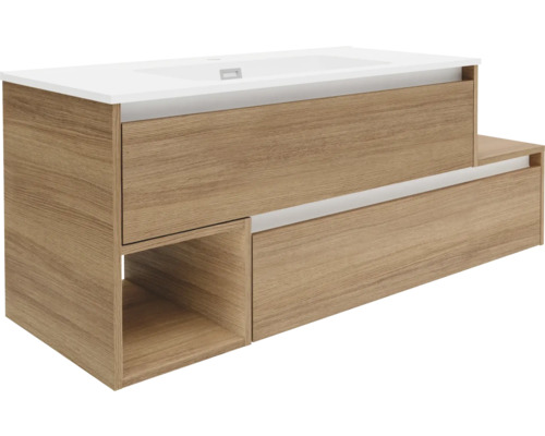 Waschtischunterschrank FACKELMANN VITA BxHxT 1285 x 500 mm x 460 mm Frontfarbe summer oak Griffleiste weiß Waschtischunterschrank mit Schubladen und offenem Fach