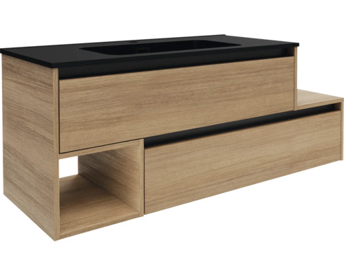 Waschtischunterschrank FACKELMANN VITA BxHxT 1285 x 500 mm x 460 mm Frontfarbe summer oak Griffleiste schwarz Waschbeckenunterschrank aus Holz mit Schubladen und Ablageflächen