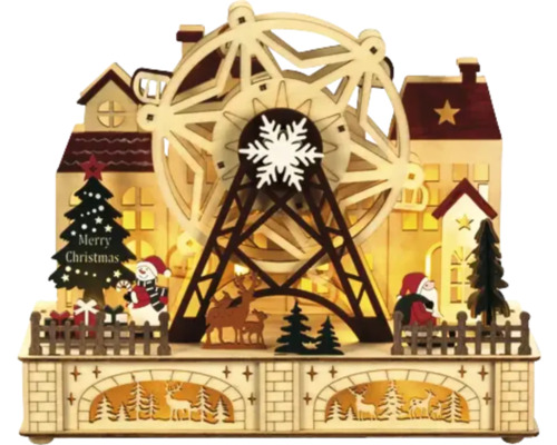 LED Holzsilhouette Konstsmide Vergnügungspark H 24,5 cm 10 LEDs Lichtfarbe warmweiß batteriebetrieben Dekorative Holz-Weihnachtslandschaft mit Riesenrad, Häusern, Weihnachtsmann, Schneemann, Weihnachtsbaum und Rentieren