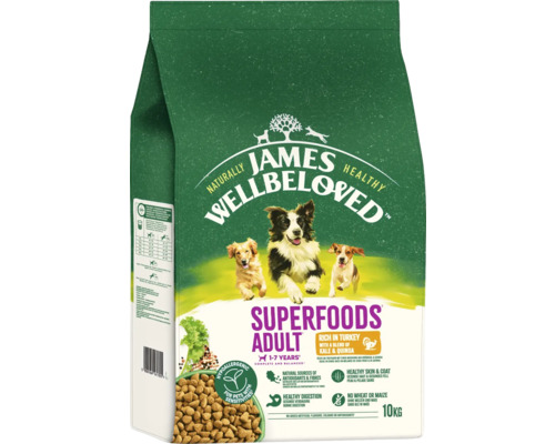 Hundefutter trocken JAMES WELLBELOVED™ Superfoods Adult Turkey 10 kg mit Truhthahn, Grünkohl und Quinoa, hypoallergen